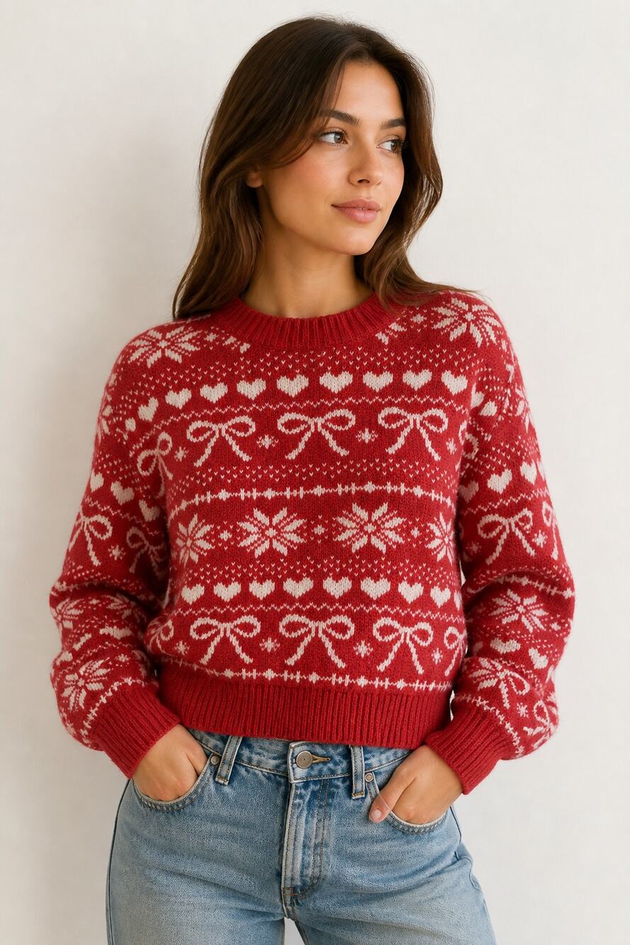 Pink Rose Red White Fair Isle Knit Sweater S